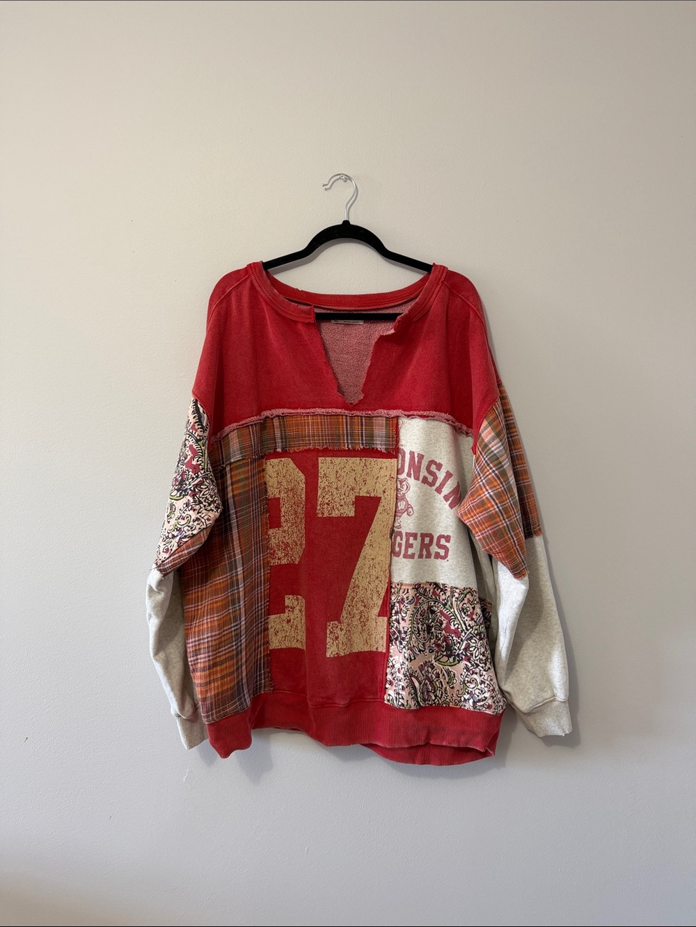 Red Patchwork Oversized Women's Sweater